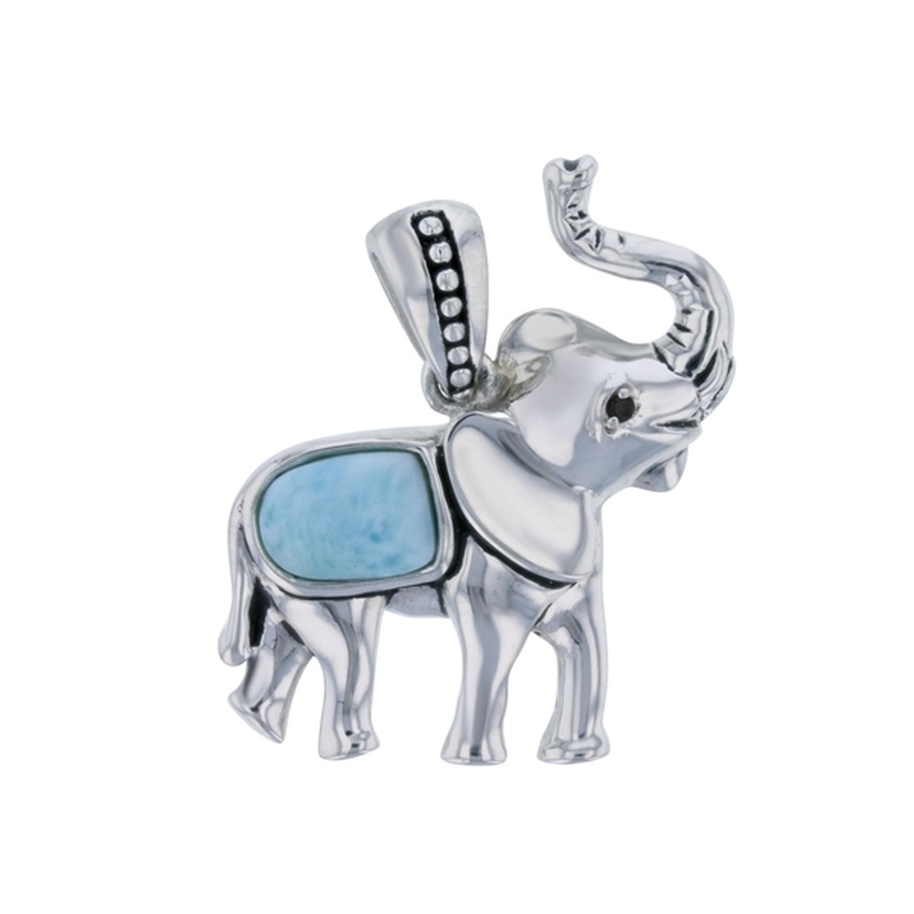 925 Sterling  Silver Larimar Elephant w Trunk Up Pendant  4.6 gm